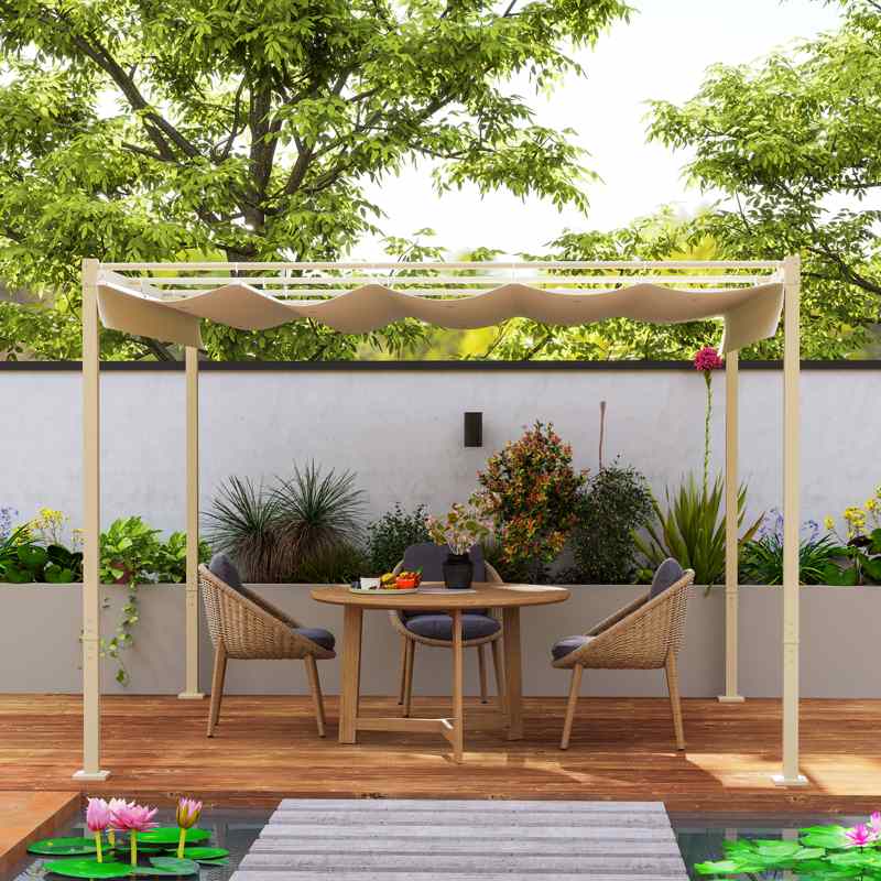 Outsunny 3 x 3(m) Garden Pergola with Retractable Roof and Magnetic Fixture, Outdoor Gazebo Pergola Kit Sun Shade Canopy, UPF30+, Khaki