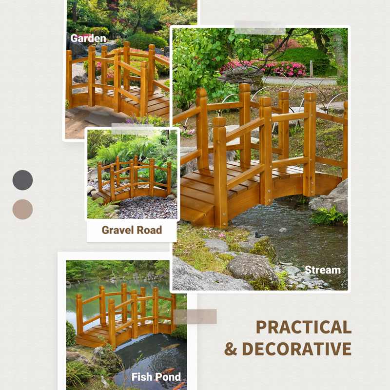 Outsunny Wooden Garden Bridge with Safety Railings, Arc Footbridge for Pond Backyard Stream, Brown