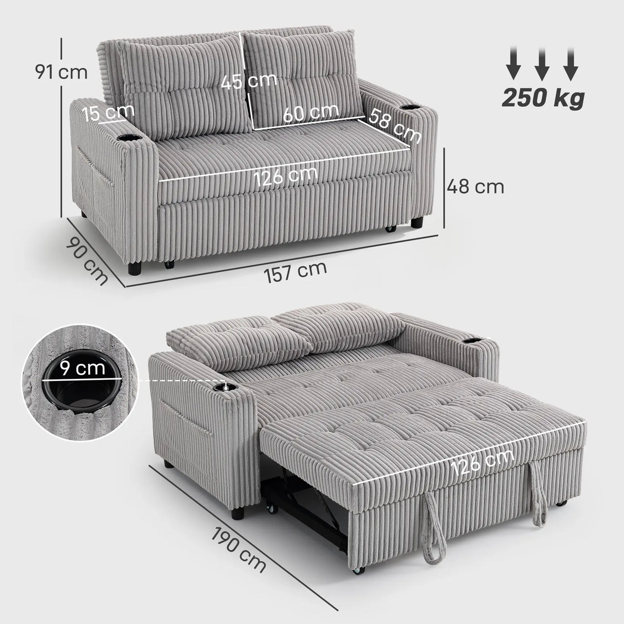 HOMCOM 2 Seater Click Clack Sofa Bed with Pull Out Design, Corduroy Upholstery - Light Grey