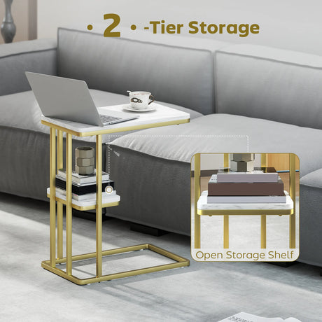 HOMCOM C-Shaped Narrow Side Table, 2-Tier Slim End Table, Nightstand for Small Spaces, Living Room, Bedroom, White Marble Grain