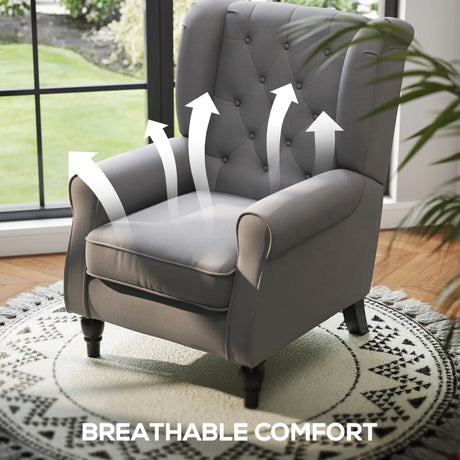 HOMCOM Retro Accent Chair, Linen Wingback Armchair with Wood Frame Button Tufted Design for Living Room Bedroom, Dark Grey