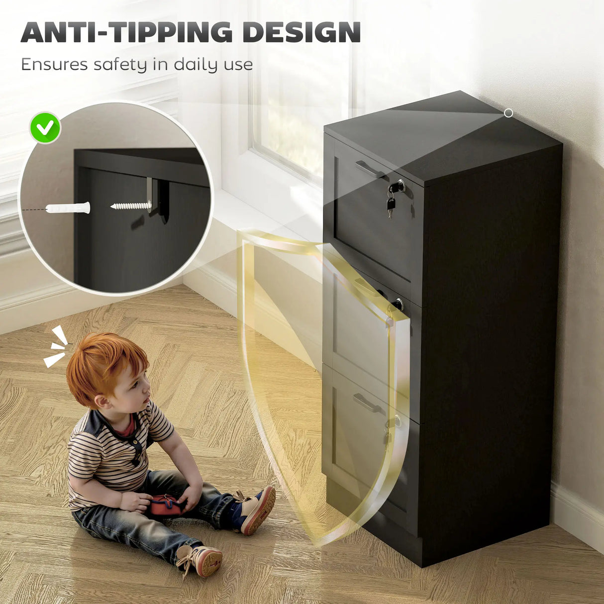 HOMCOM 3-Drawer Filing Cabinet with Lock - Black