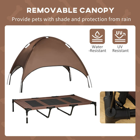 PawHut Raised Dog Bed Waterproof Elevated Pet Cot with Breathable Mesh UV Protection Canopy Brown, for XL Dogs, 122 x 92 x 108cm