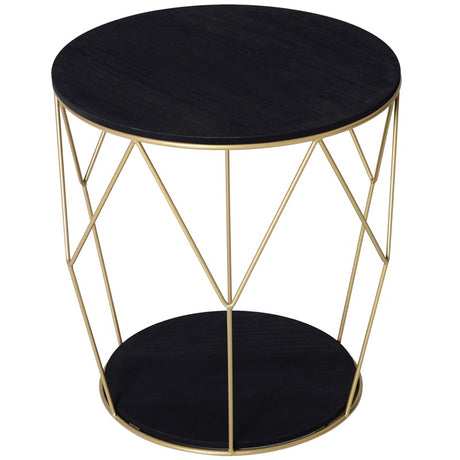 HOMCOM Round Coffee Table with Storage, Modern Sofa Side Table with Metal Frame, End Table for Bedroom, Living Room, Black and Gold, 45 x 45 x 48 cm