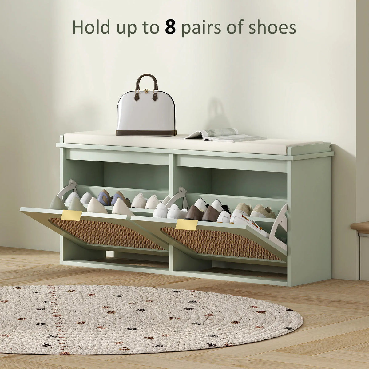 HOMCOM Boho Shoe Bench with Padded Seat and 2 Flip-Drawers - Light Green