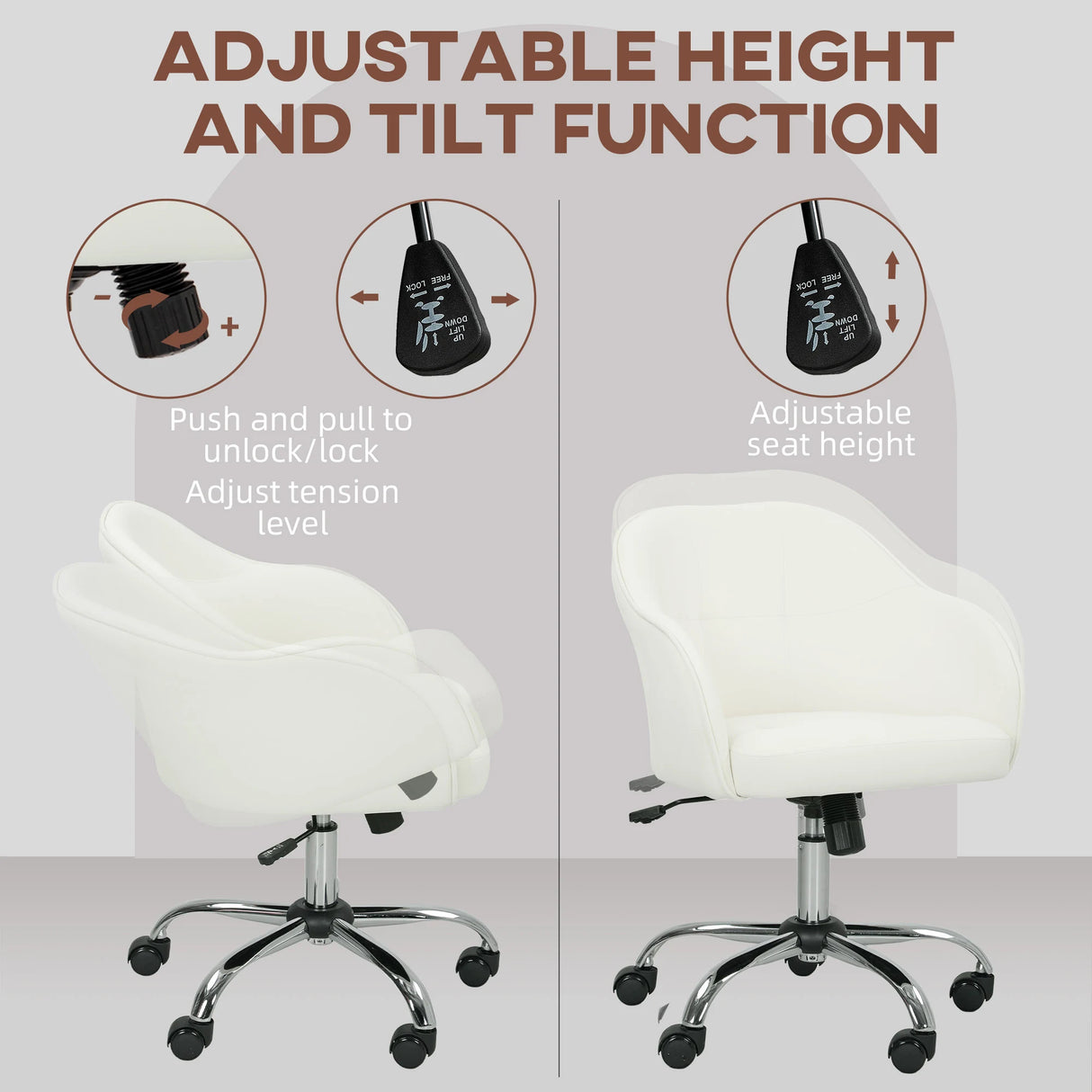 HOMCOM 46-56 cm Velvet-feel Office Chair - Cream