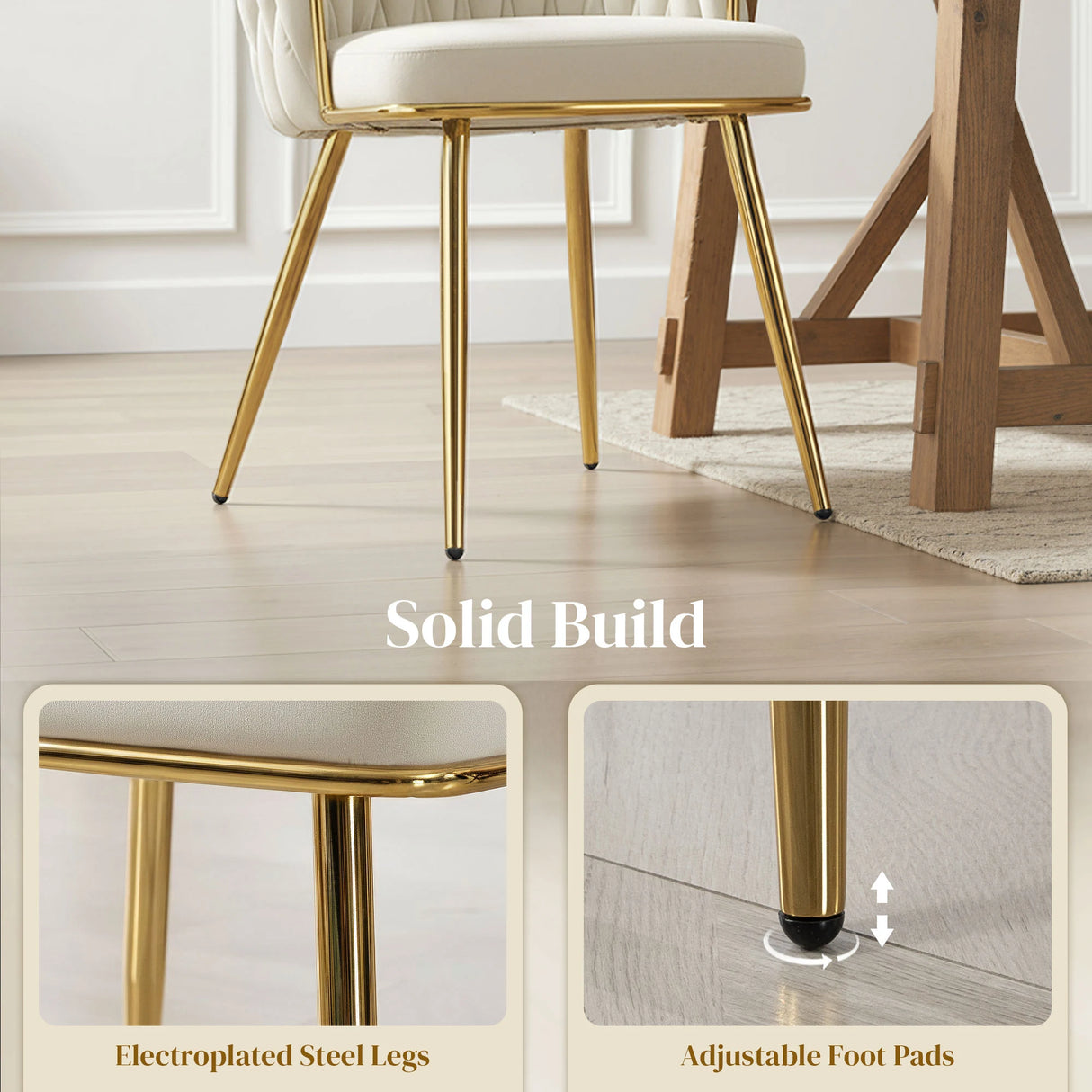 HOMCOM Velvet-Feel Dining Chairs Set of 2, Modern Upholstered Kitchen Chairs with Woven Backrest and Armrests, Metal Legs and Padded Seat for Dining Room, Bedroom, Living Room, Cream
