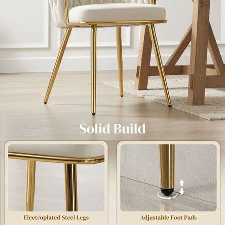 HOMCOM Velvet-Feel Dining Chairs Set of 2, Modern Upholstered Kitchen Chairs with Woven Backrest and Armrests, Metal Legs and Padded Seat for Dining Room, Bedroom, Living Room, Cream