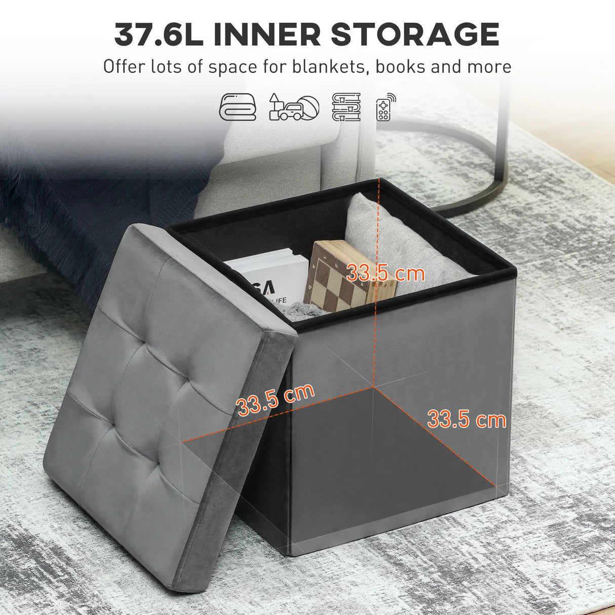 HOMCOM Foldable Velvet-Feel Storage Ottoman - Grey