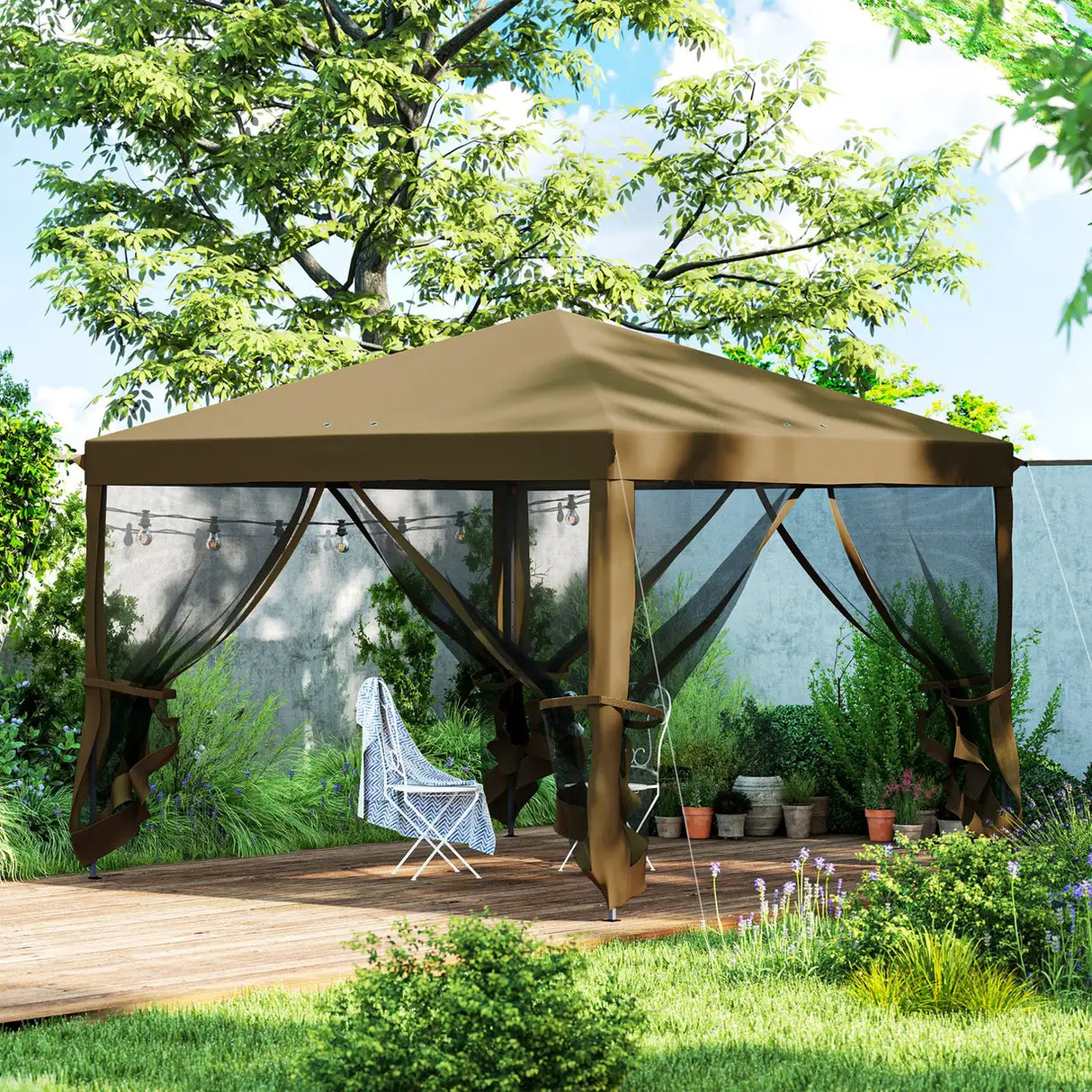 Outsunny 3 x 3 m Pop Up Gazebo, 420D Garden Tent Canopy with Removable Mesh Sidewall Netting, Carry Bag for Garden Patio Outdoor, Khaki