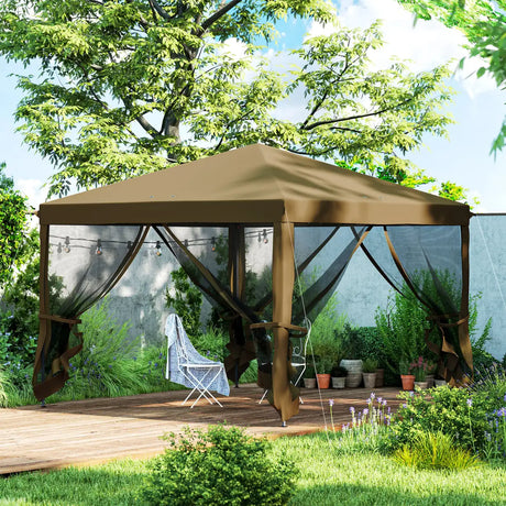 Outsunny 3 x 3 m Pop Up Gazebo, 420D Garden Tent Canopy with Removable Mesh Sidewall Netting, Carry Bag for Garden Patio Outdoor, Khaki