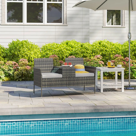 Outsunny Two-Seat Rattan Chair, with Middle Table - Charcoal Grey