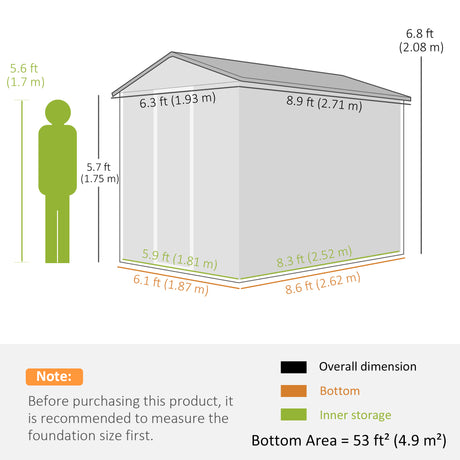 Outsunny 9x 6FT Metal Outdoor Garden Shed, Galvanised Tool Storage Shed w/ Sloped Roof, Lockable Door for Patio Lawn, Dark Grey