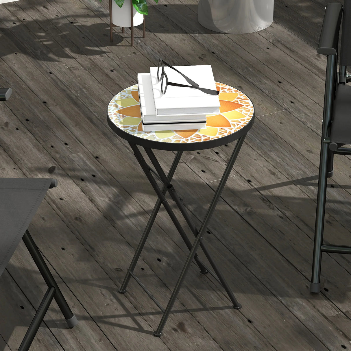 Outsunny Mosaic Outdoor Garden Table, 35.5cm Round Folding Coffee Table with Metal Frame for Balcony Terrace, Yellow
