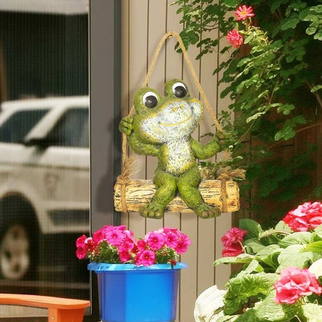 Outsunny Hanging Garden Statue, Vivid Frog on Swing Art Sculpture, Outdoor Ornament Home Decoration, Green