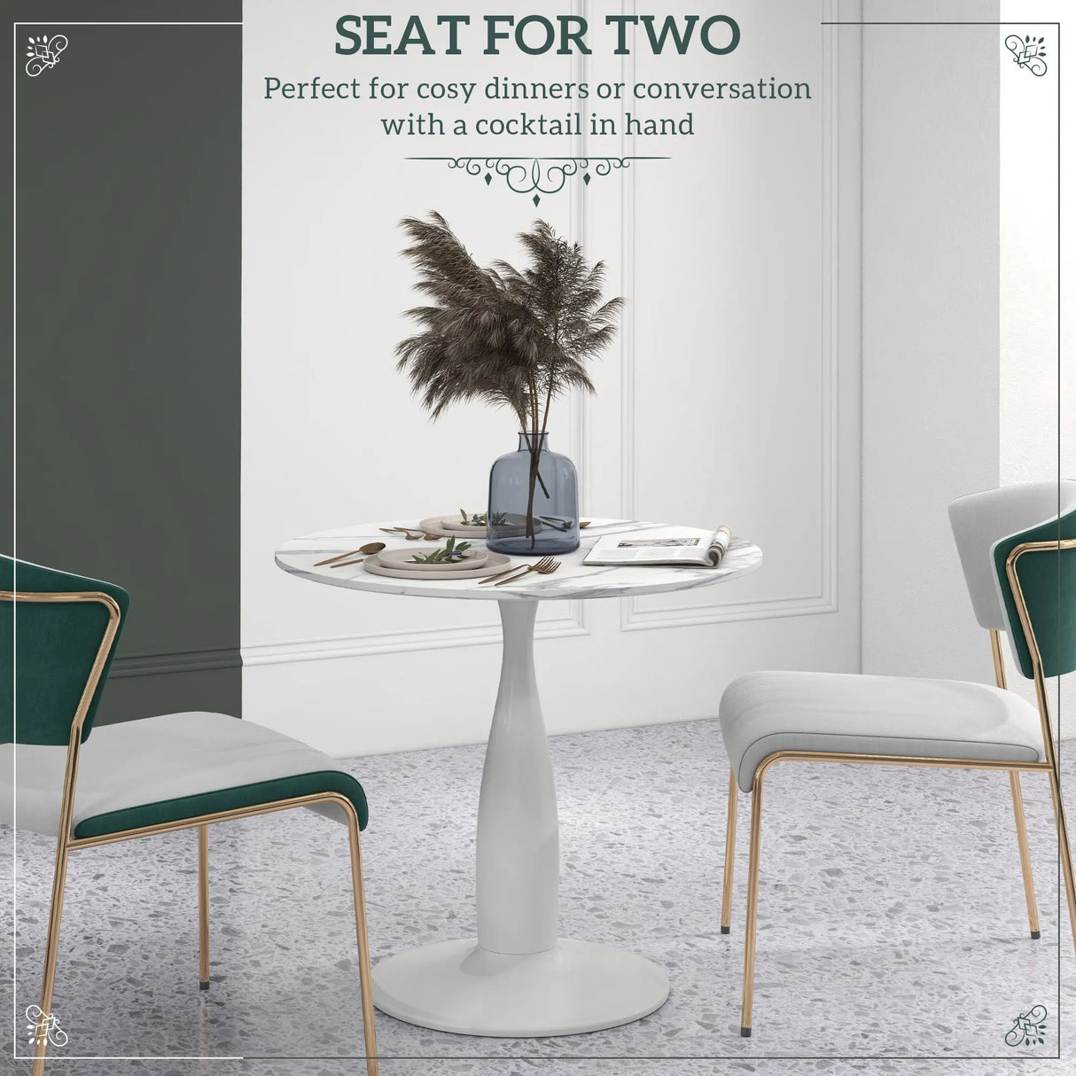 HOMCOM Small 2-Person Dining Table, Elegant Design Table with Steel Base and Non-slip Foot Pad, White and Grey