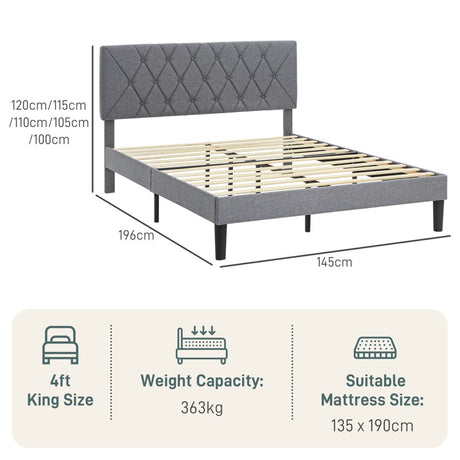 HOMCOM Double Bed Frame with 5-Level Adjustable Linen Upholstered Headboard, Wooden Slats Mattress Foundation, No Box Spring Needed, Grey