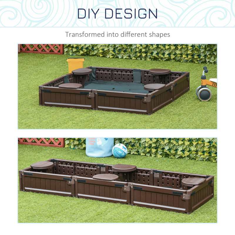 Outsunny Sand Pit Children's Plastic Sandpit w/ Water-Resistant Oxford Cover Bottom Fabric Liner kid Playset for 3-12 years old, Garden, Outdoor - (Brown)