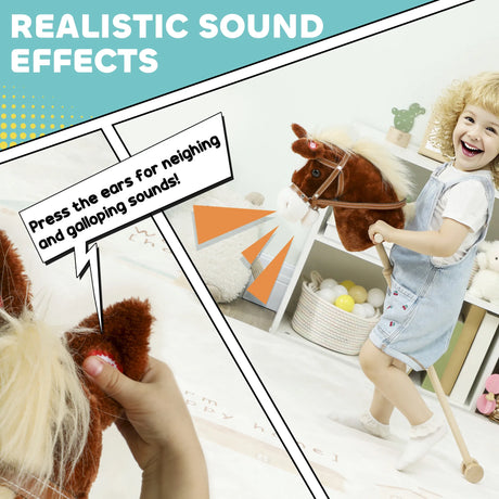 AIYAPLAY Stick Horse with Wood Wheels, Real Pony Neighing and Galloping Sounds, Grip Handle, 95 cm, Brown