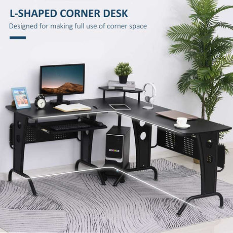 HOMCOM L-Shaped Corner Desk, Gaming Desk with CPU Rack, Keyboard Tray, Space-Saving Computer Desk with Steel Frame for Home Office,165 x 145 x 86.5cm, Black