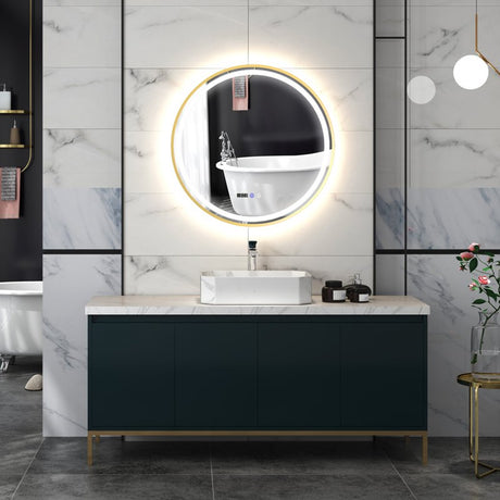 HOMCOM Round Bathroom Mirror with LED Lights, 800mm Backlit Illuminated Bathroom Mirror, Dimmable Wall Mounted Vanity Mirror with Demister Pad, Touch Switch, Time and Temp Display, Gold Tone