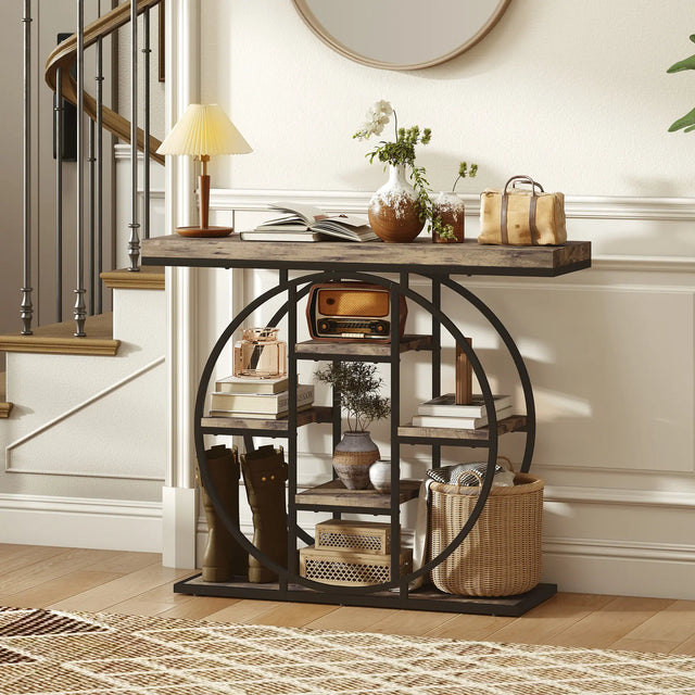 HOMCOM Industrial Console Table with Storage Shelves - Rustic Brown