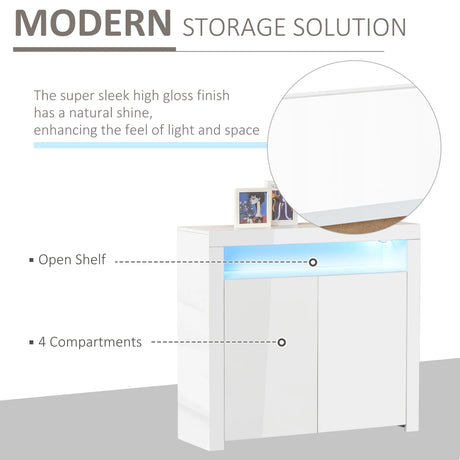 HOMCOM LED Storage Cabinet, Cupboard with High Gloss Front and RGB Lighting, Modern Sideboard for Entryway, Dining Area, Living Room, White