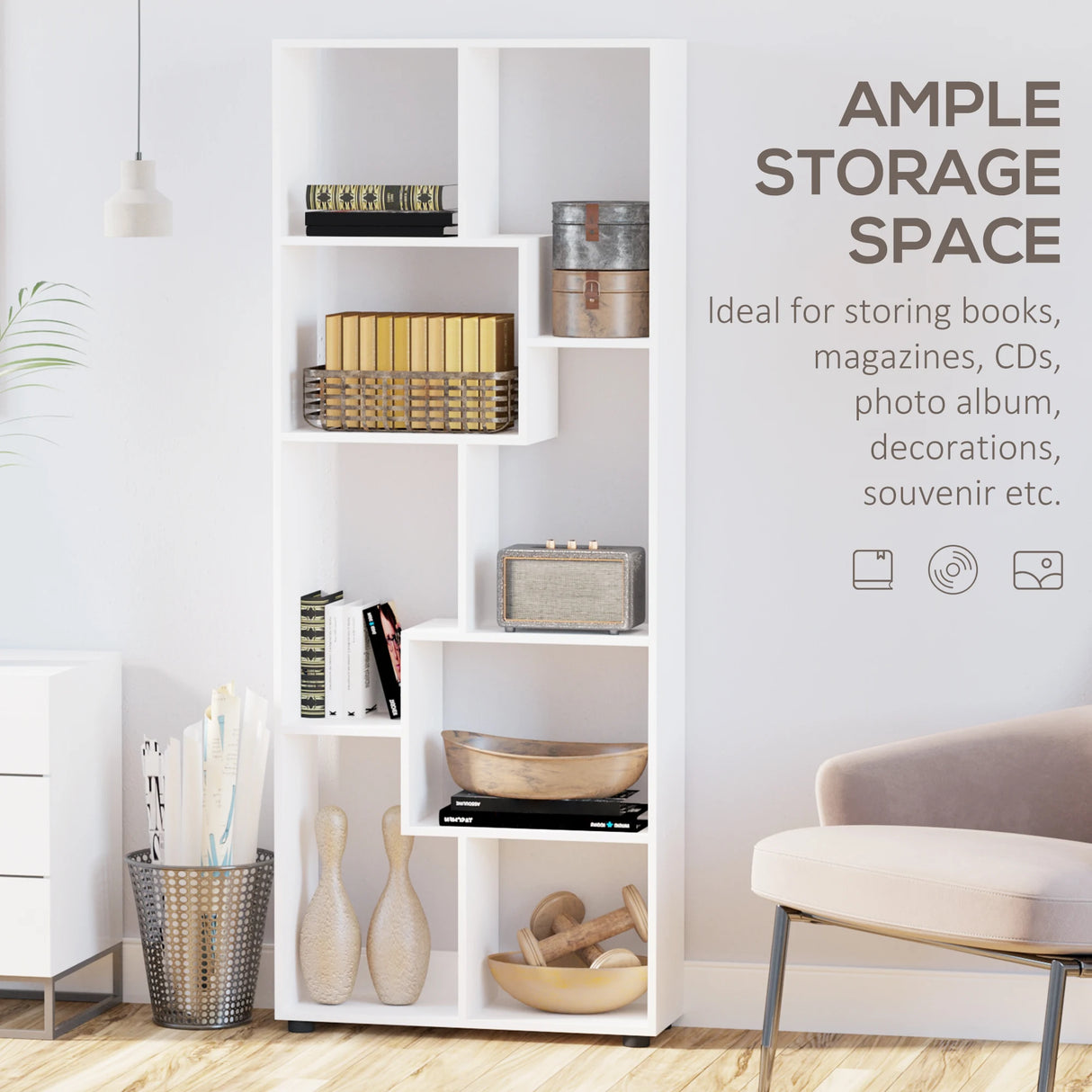 HOMCOM 8-Cube Bookcase, Tall Display Shelf, Standing Storage Rack for Study Room, Living Room, 70 x 24 x 178cm, White