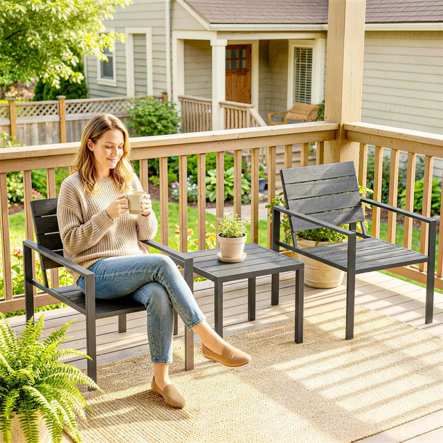 Outsunny 3 Pieces Garden Bistro Set for 2, Outdoor Bistro Table and Chairs with Metal Frame, Plastic Patio Furniture Set