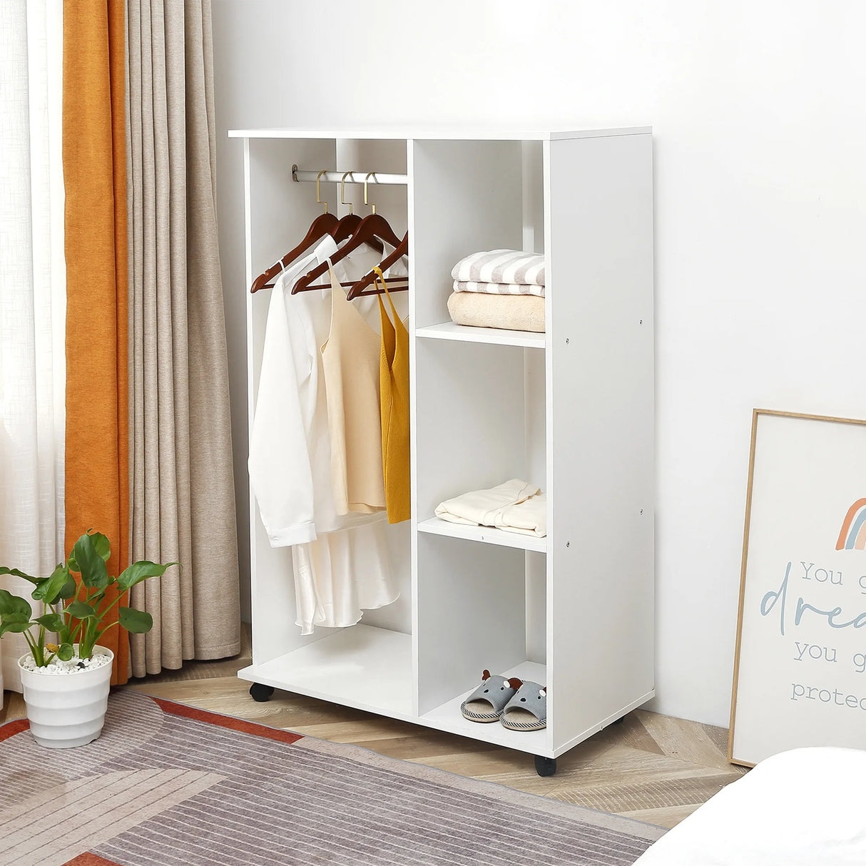 HOMCOM Open Wardrobe on Wheels, Bedroom Wardrobe with Clothes Hanging Rail, 3 Storage Shelves, Mobile Garment Rack for Cloakroom, Hallway, White