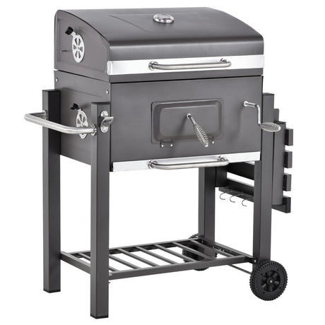 Outsunny Charcoal Grill BBQ Trolley with Adjustable Charcoal Grate, Garden Metal Smoker Barbecue with Shelf, Side Table, Wheels, Built-in Thermometer, Bottle Opener