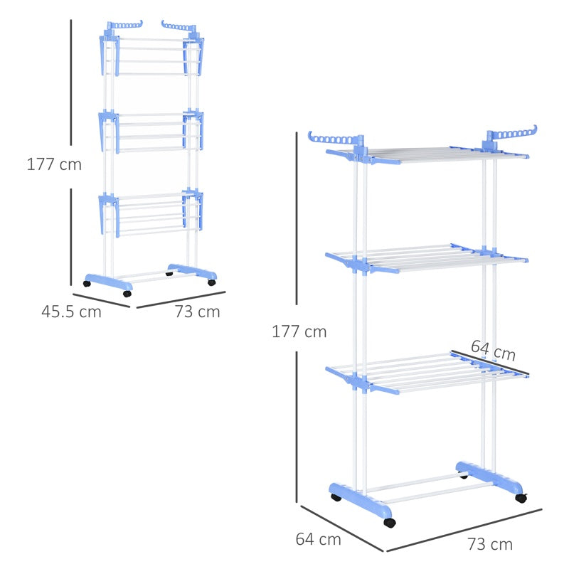 HOMCOM Foldable Clothes Drying Rack, 4-Tier Steel Garment Laundry Rack with Castors for Indoor and Outdoor Use, Blue