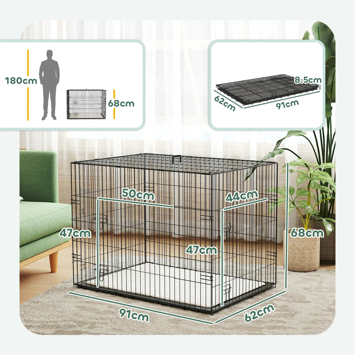 PawHut Foldable Dog Crate with 2 Doors with Tray, Soft Cushion, for Large Medium Dogs, 90 x 58 x 62, Black