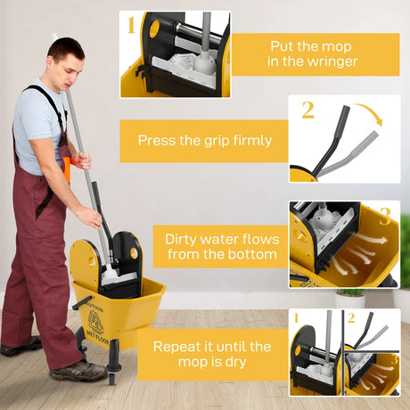 HOMCOM 26 Litre Mop Bucket, with Wringer and Mop - Yellow