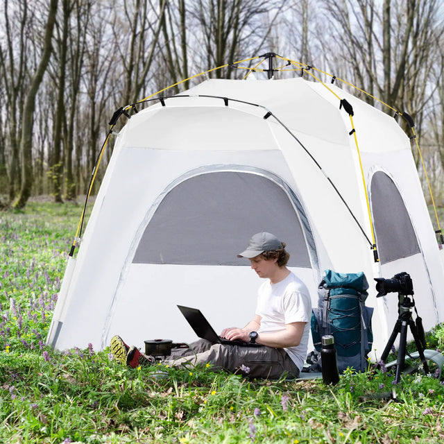 Outsunny 4 Person Automatic Camping Tent, Outdoor Pop Up Tent, Portable Backpacking Dome Shelter, Light Grey
