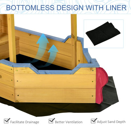 Outsunny Kids Wooden Sand Pit Children Sandbox Pirate Ship Sandboat Play Station for Outdoor w/ Canopy Shade Storage Bench Bottom Liner