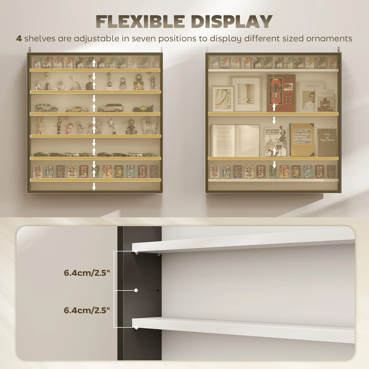 HOMCOM Six Shelf Display Cabinet, with Glass Doors - Black and White