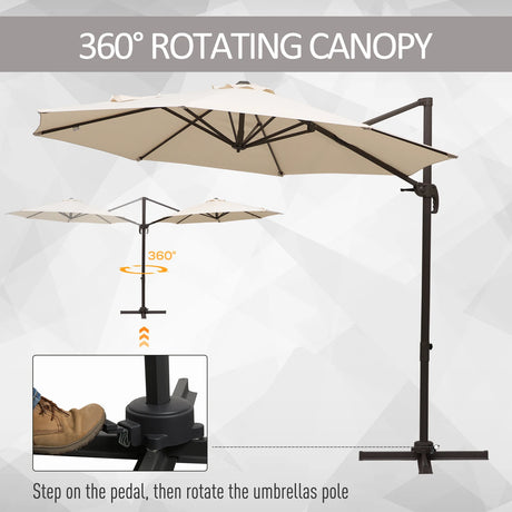 Outsunny 3M Banana Parasol Hanging Cantilever Umbrella W/ Cross Base Hand Crank Aluminium Frame 360Rotation Hand Crank-Beige