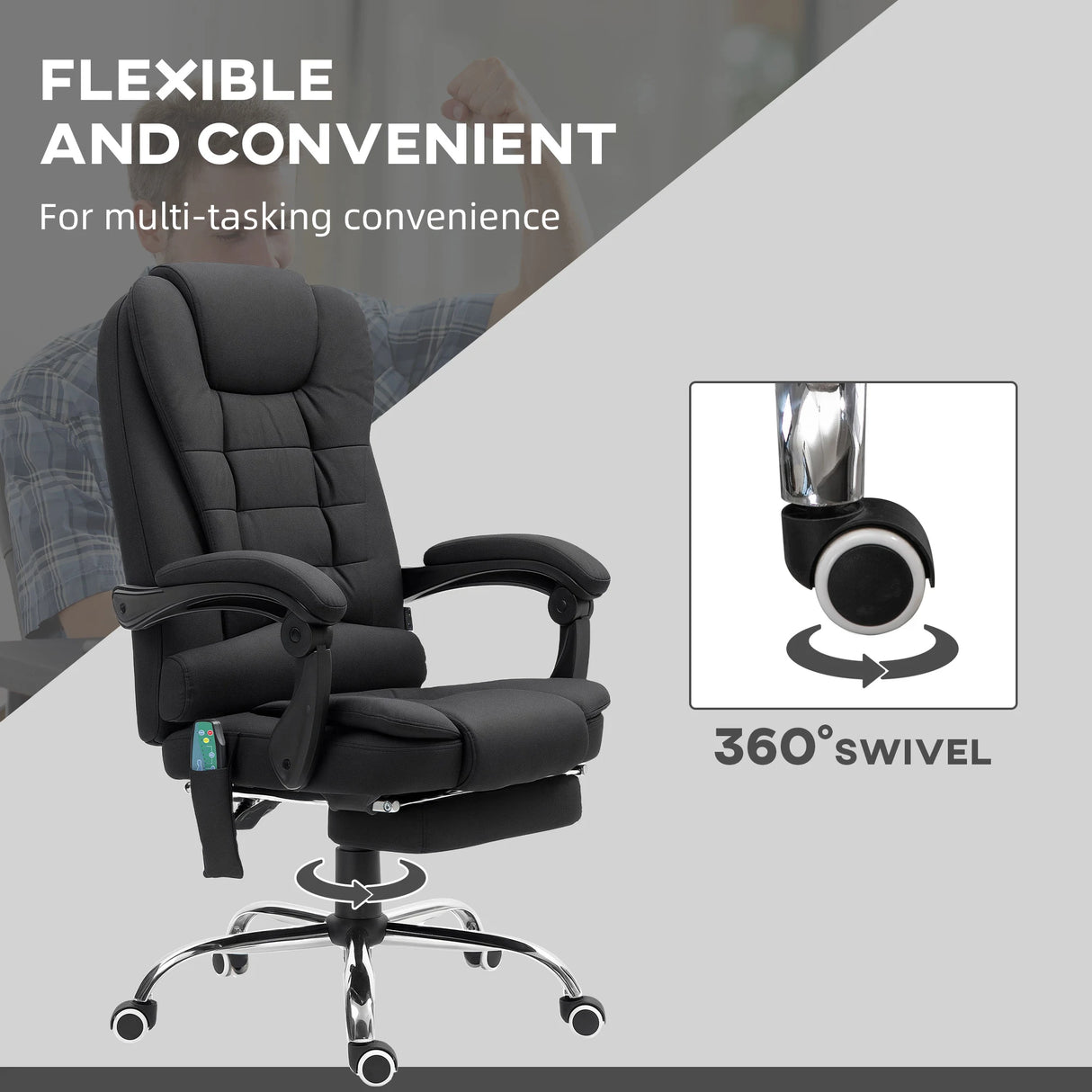Vinsetto Office Chair with 6 Point Massage and Back Heat, Microfibre Desk Chair with Footrest Adjustable Height and Swivel Wheels, Back Reclining, Full Black