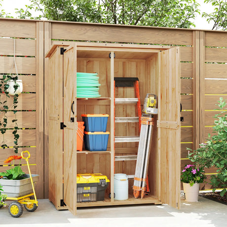 Outsunny Wooden Garden Storage Shed, Tool Storage Cabinet with Asphalt Roof and 2 Shelves for Garden Tools, Equipment, Outdoor Tool Shed with Double Doors, Natural