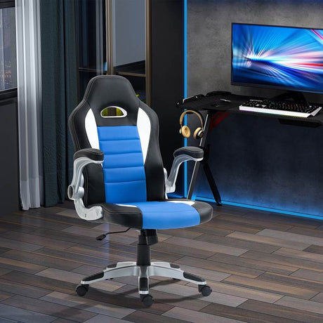 HOMCOM Computer Gaming Chair, Office Desk Swivel Chair, PU Leather Racing Chair with 90° Flip-up Armrest, Adjustable Height and Rolling Wheels, Blue