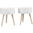 HOMCOM Modern Side Table, Small Coffee Table, Round Bedside Table with Drawer and Wood Legs for Living Room, Bedroom, Set of 2, White