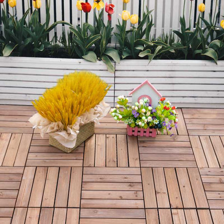 Outsunny 27 Pcs Solid Wood Interlocking Decking Tiles For Patio, Balcony, Roof Terrace, Hot Tub, Brown, (30 x 30 cm Per Piece)