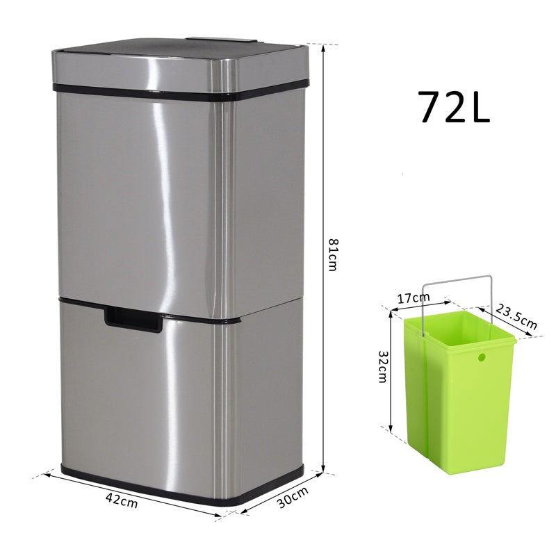 HOMCOM 72L Recycling Sensor Bin Stainless Steel 3 Compartments For Both Wet/Dry Waste w/Removable Lid  Kitchen Home