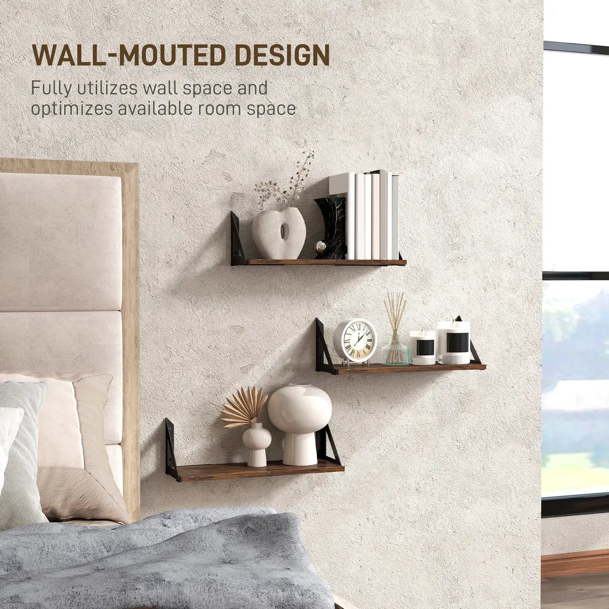 HOMCOM Set of 3 Wall Shelves, 43cm Vintage Wall Mounted Floating Shelves for Living Room, Entryway, Bedroom, Rustic Brown