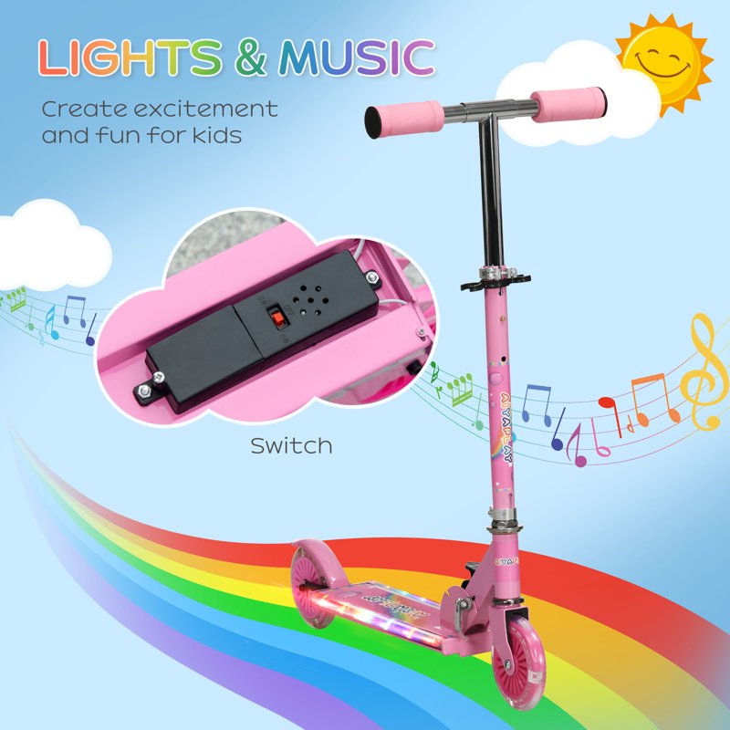 HOMCOM Kids Scooter, with Lights, Music, Adjustable Height, Foldable Frame, for Ages 3-7 Years - Pink