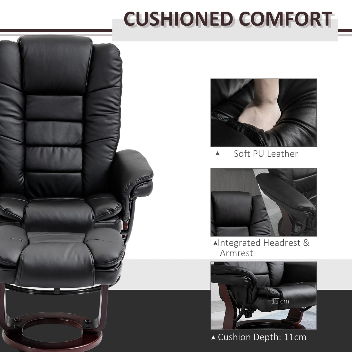 HOMCOM Recliner Chair With footstool, Recliner Armchair up to 130kg Weight Capacity, 135 Reclining Swivel Sofa Chair, PU Leather Ergonomic Couch Bed with Swivel Wood Base for Living Room, Black
