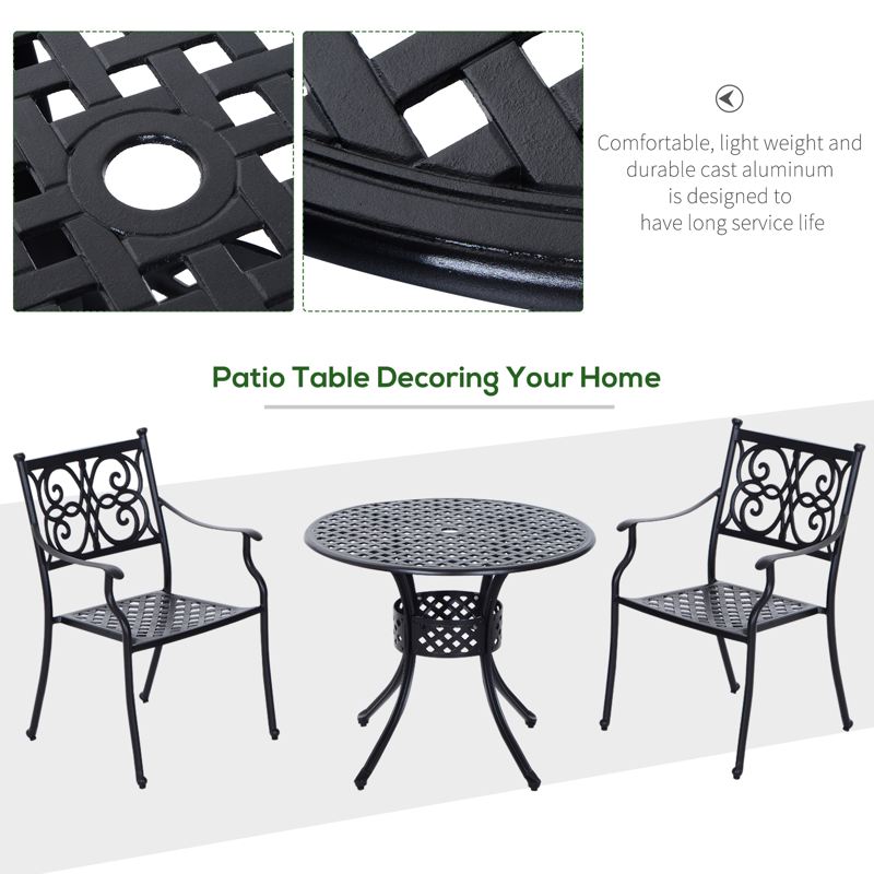 Outsunny 85cm Round Garden Table with Umbrella Hole, Aluminium Grid Motif Outdoor Dining Table for Garden Patio, Black