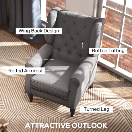 HOMCOM Retro Accent Chair, Linen Wingback Armchair with Wood Frame Button Tufted Design for Living Room Bedroom, Dark Grey