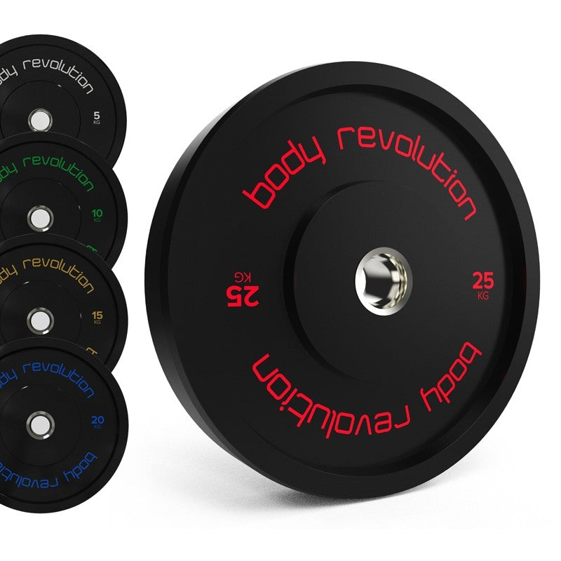 Body Revolution Olympic Weight Plates - Rubber-Coated, IWF Standard, 2-Inch Barbell Compatible, Color-Coded Bumper Plates for Strength Training  10 kg Pair